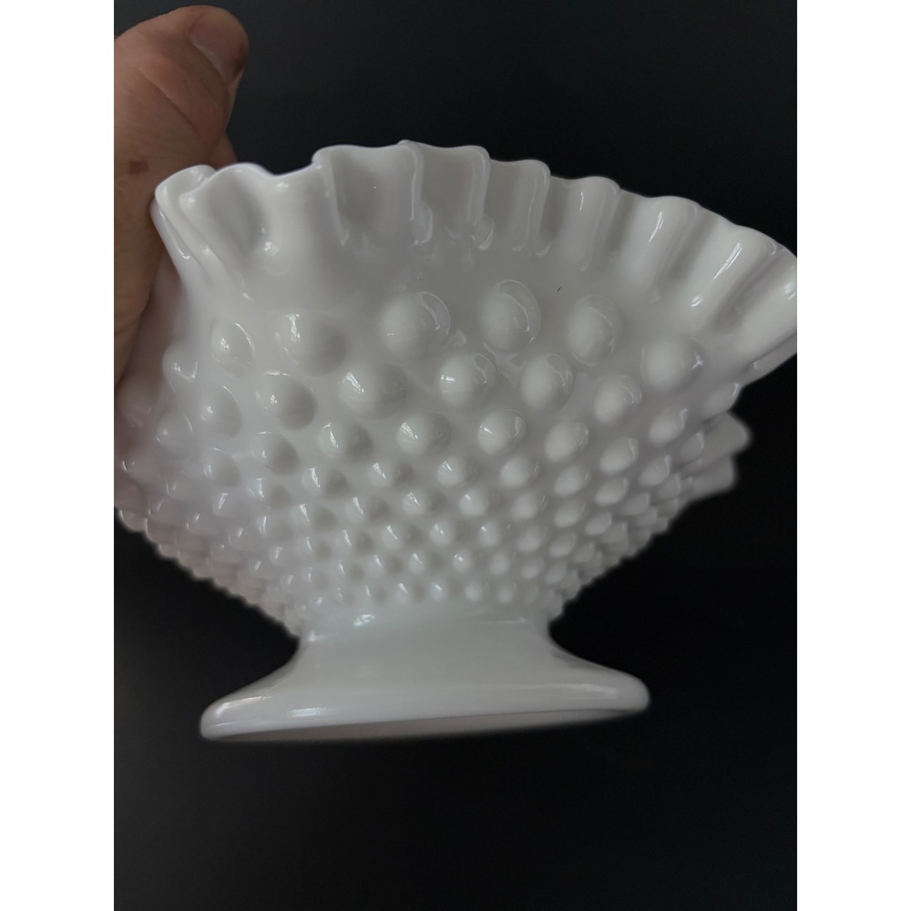 Fenton Hobnail | White Milk Glass | Ruffled Pedestal Candle Holder | Centerpiece - Picture 6 of 11